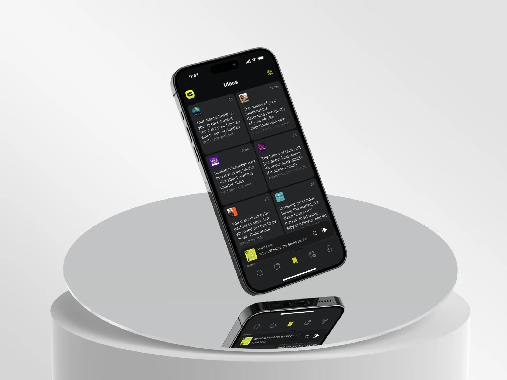 CueUp Ideas on an iPhone, a grid of saved quotes and episode notes