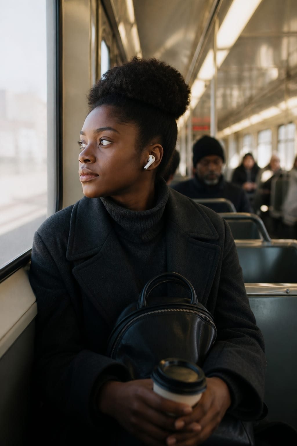 Woman on a subway with wireless earbuds, looking out the window