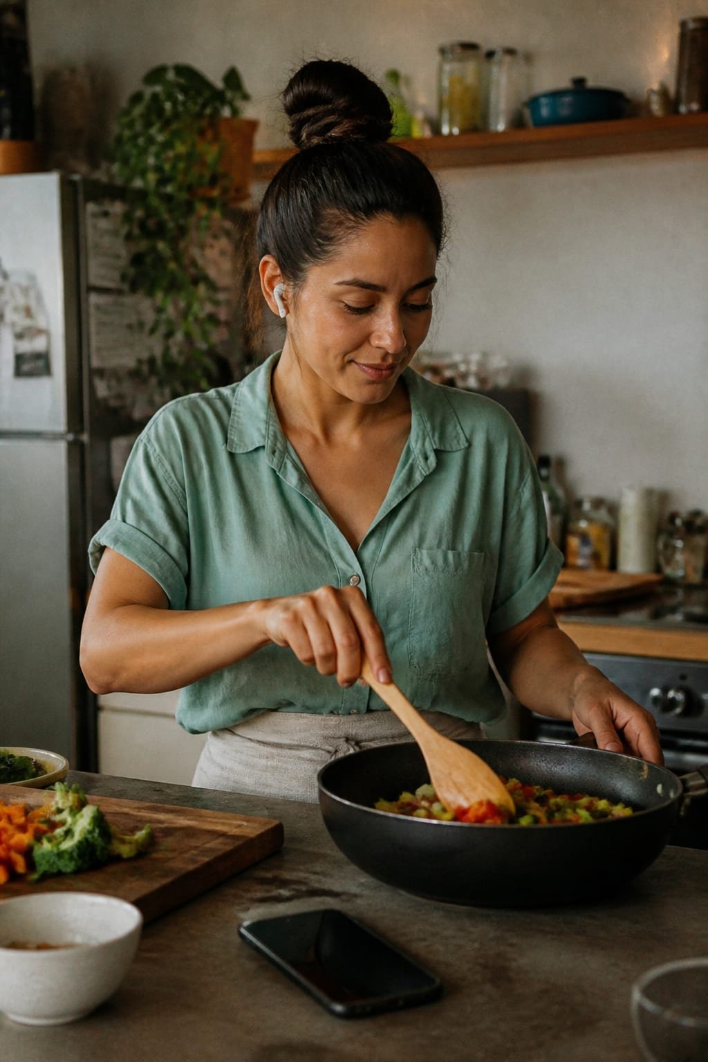 Woman cooking at a stove with an earbud in, phone on the counter