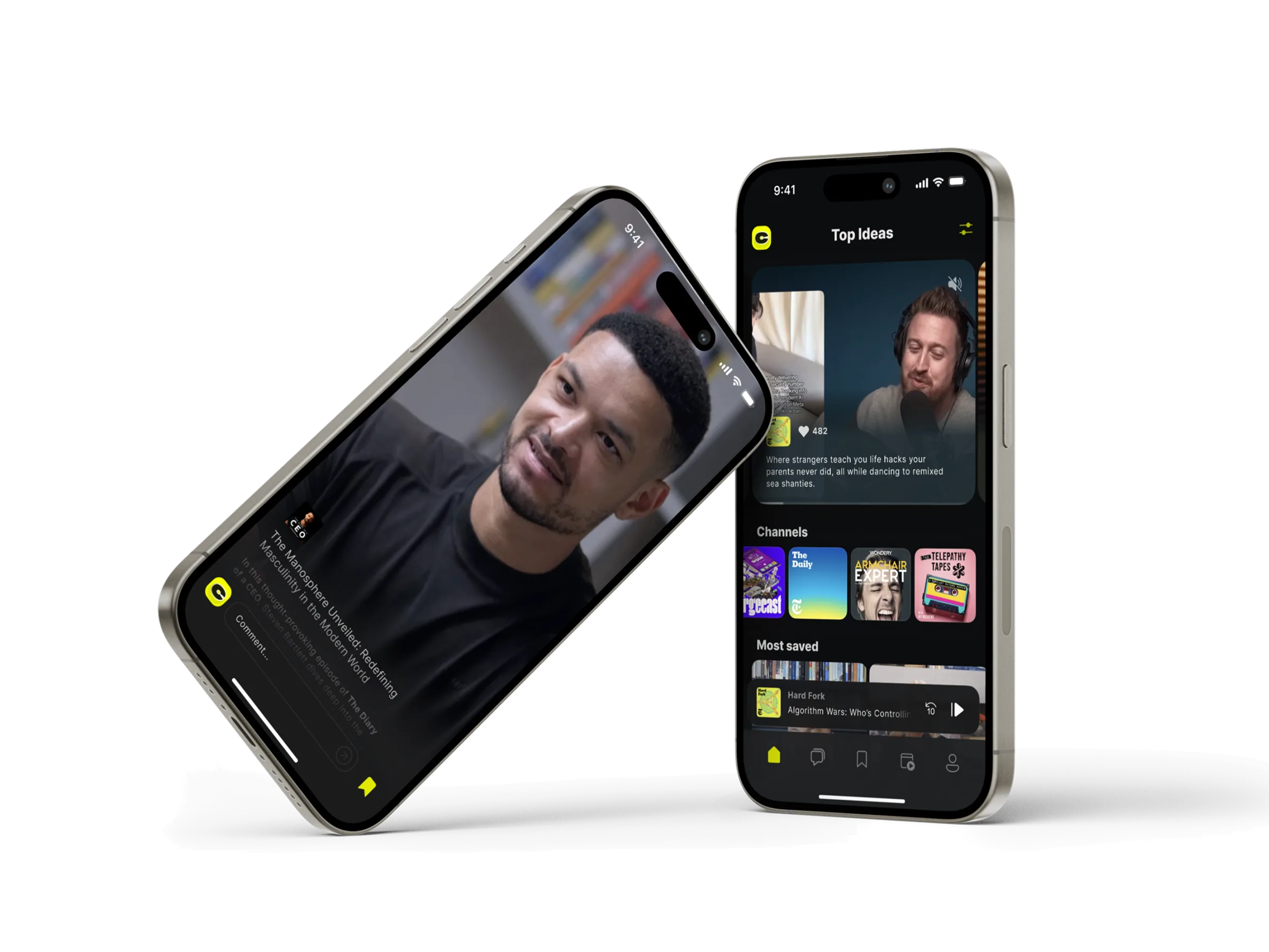 CueUp on two iPhones: a comment on a video clip, beside the Top Ideas feed