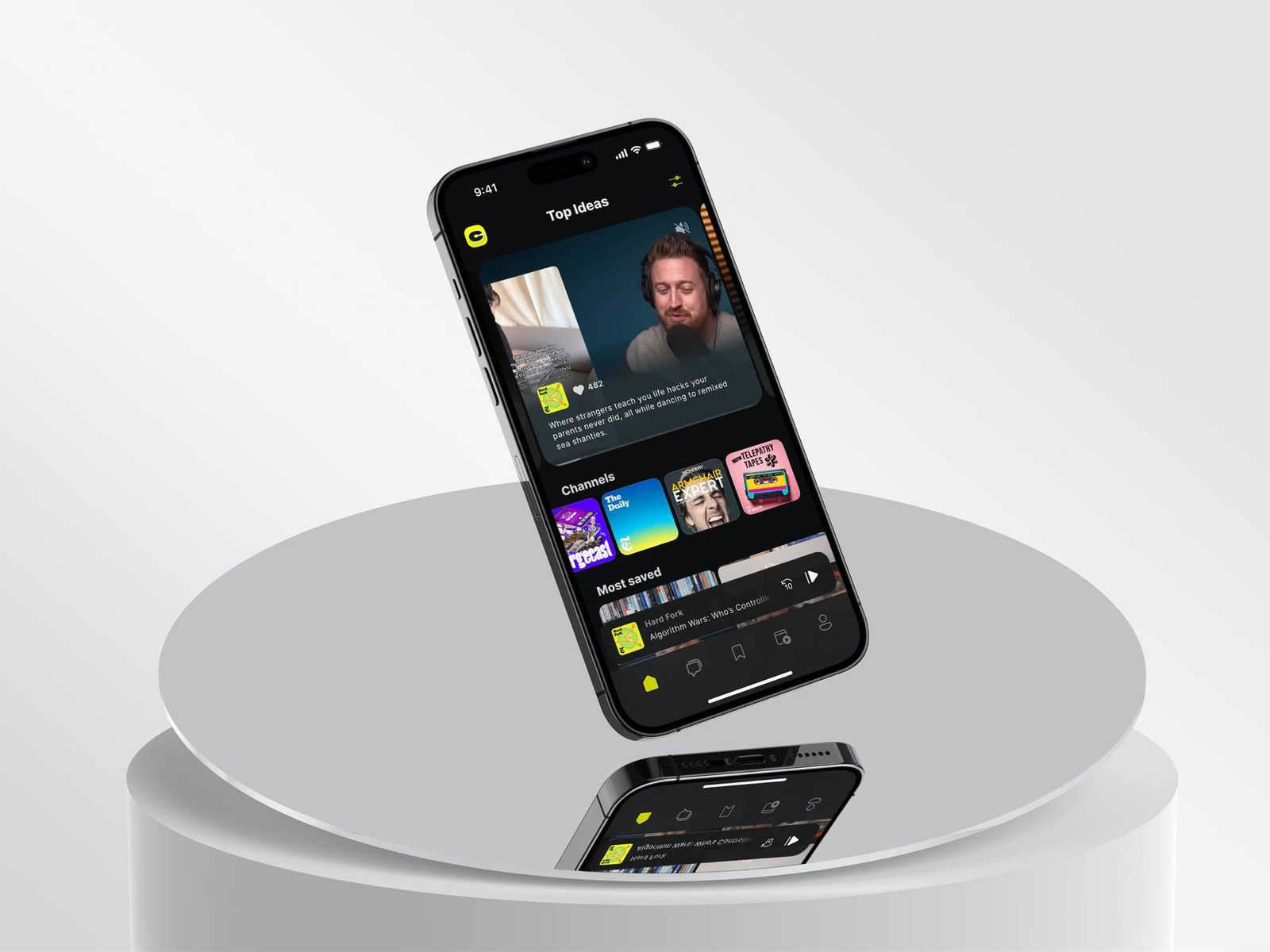 CueUp Top Ideas on an iPhone, with a clip, channels, and a most-saved episode