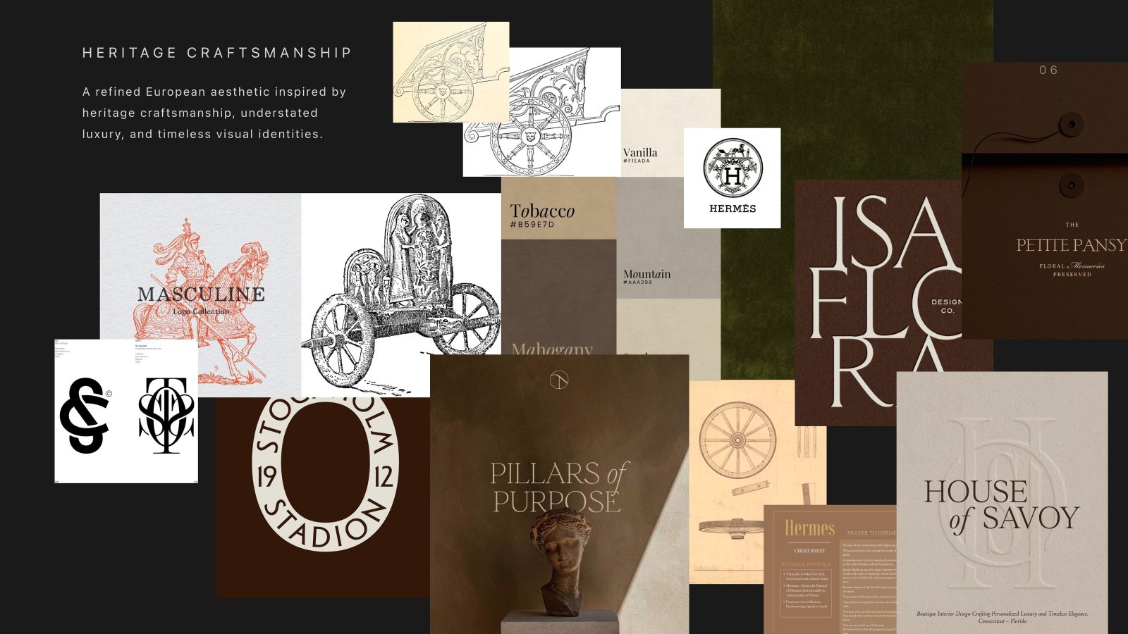 Heritage craftsmanship mood board: chariot drawings, engraved wheels, and refined European identities