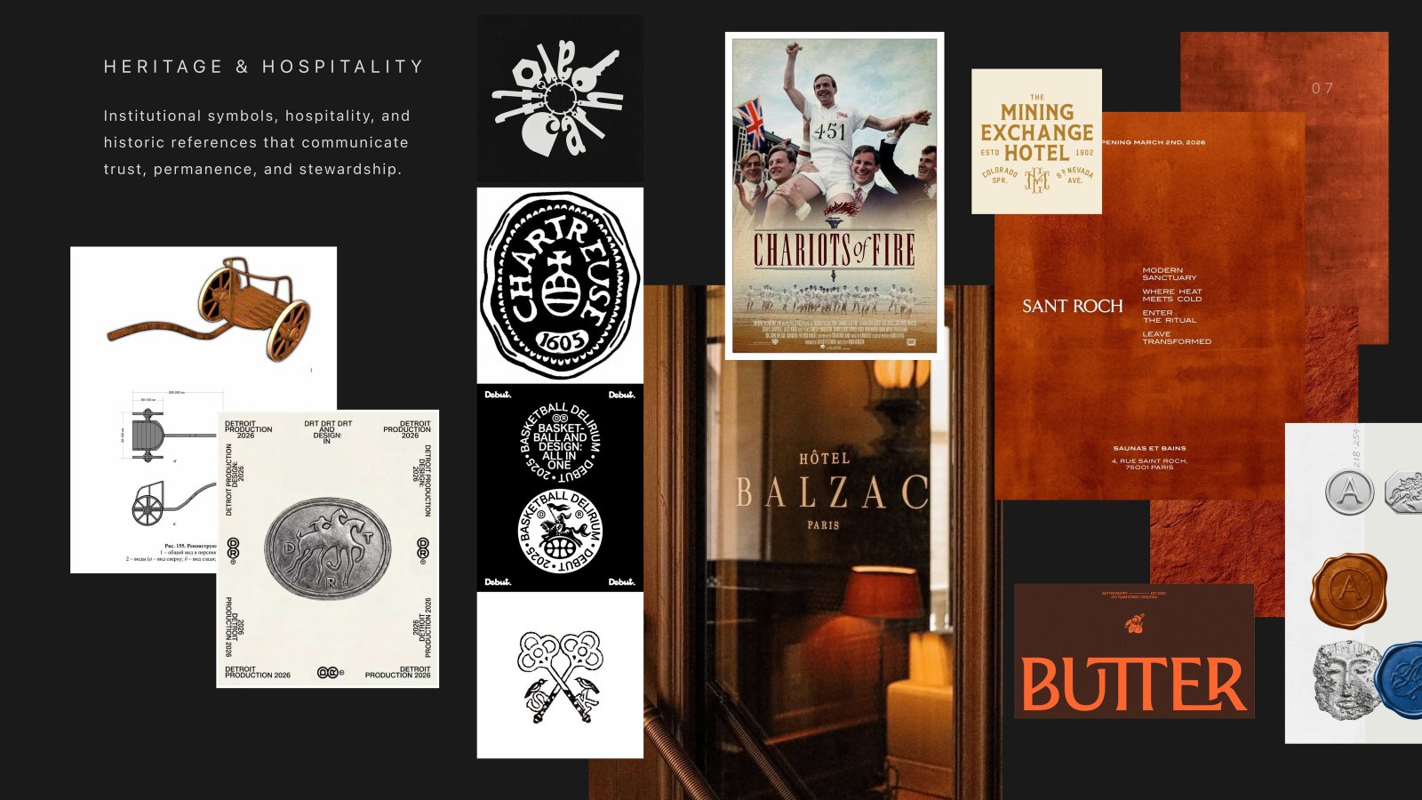 Heritage and hospitality mood board: historic symbols, hotel references, and warm materials