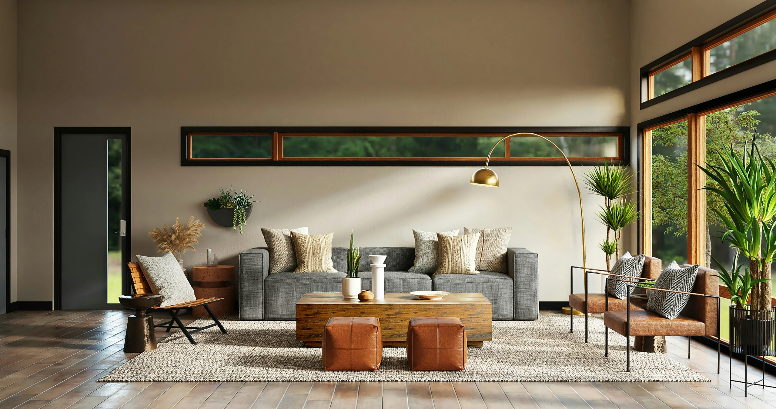 Curated living room home staging with warm natural illumination, tailored furniture, and organic materiality